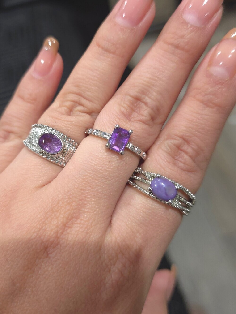 White Copper Purple Natural Crystal Gemstone Ring Set - Amethyst Charoite
